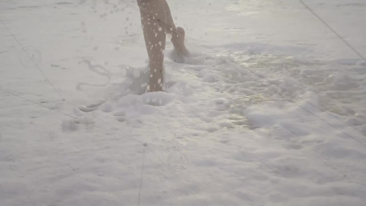 Network of connections against low section of a woman running at the beach