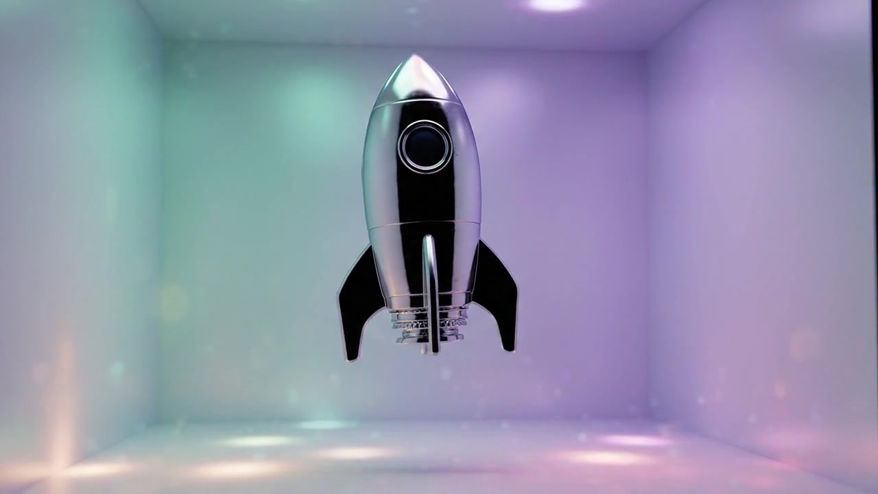 Captivating 3D Animation of a Sleek Silver Rocket Floating Gracefully in a Colorful Abstract Background in a Futuristic Space Setting