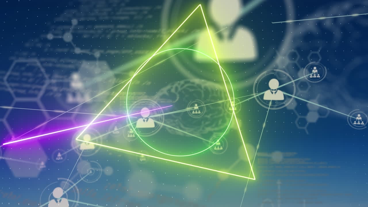 네온 모양과 블루 배경의 화학 구조에 대한 프로필 아이콘의 네트워크