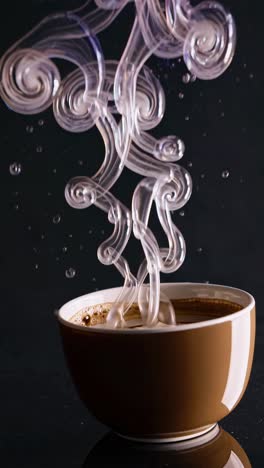 A mesmerizing video still of swirling steam artfully rising from a coffee cup, captured from a low