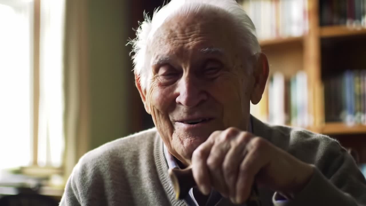 Un enternecedor retrato de un anciano sonriente compartiendo momentos de alegría en un hogar confortable, capturando la esencia de la risa y la conexión en sus ojos.