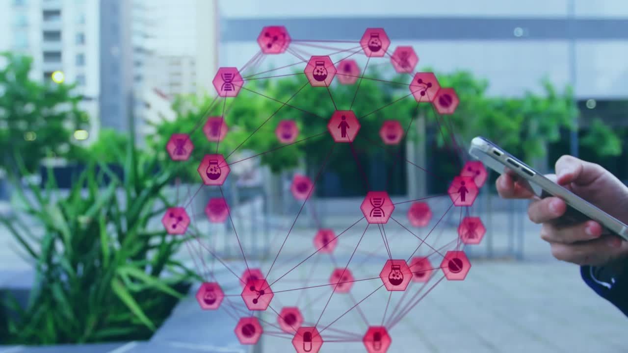 스마트 폰을 사용하는 사업가 위에 아이콘과 연결의 전지구의 애니메이션