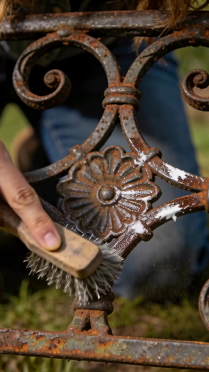 Personne positionnant une brosse métallique et frottant une fleur de rampe en fer, enlevant la rouille et la peinture pour la restaurer.