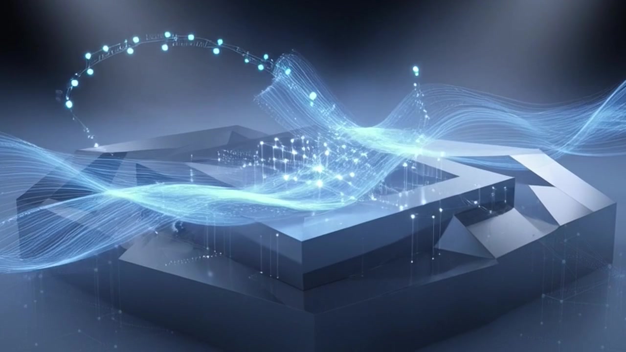 Abstract Digital Platform with Glowing Data Streams and Network Connections