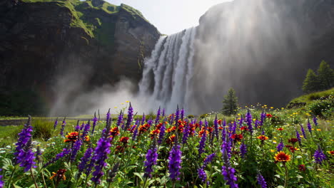 majestic waterfall and vibrant flowers