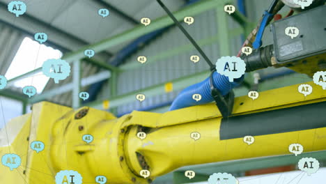 industrial robot arm operating with ai icons floating over it