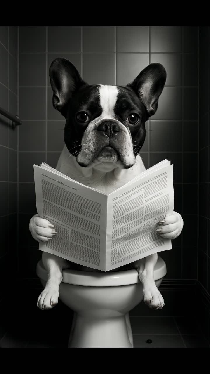 Humorous video concept of a French Bulldog reading a newspaper on a toilet