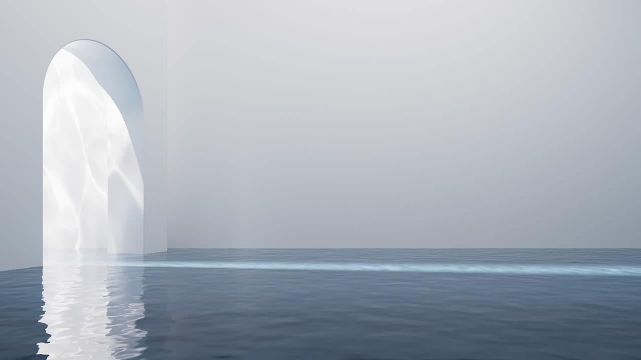 물 표면을 가진 밝은 방, 3d 렌더링