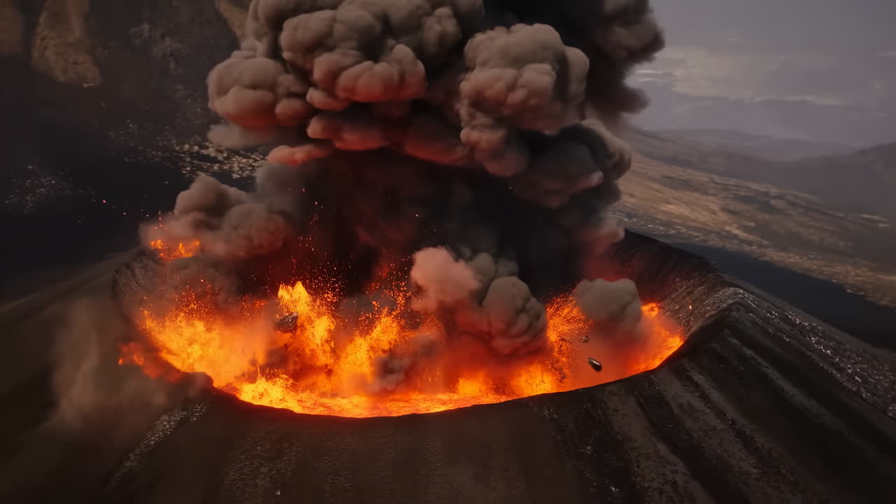Pemandangan Udara Letusan Gunung Berapi Dahsyat yang Memuntahkan Lava dan Abu