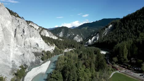 cinematic aerial view of ruinaulta, switzerland