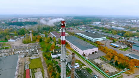 smoking chimney at industrial factory aerial view. industrial boiler pipe