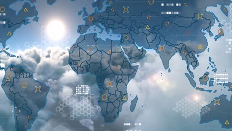animation of world map and data processing against clouds in the blue sky