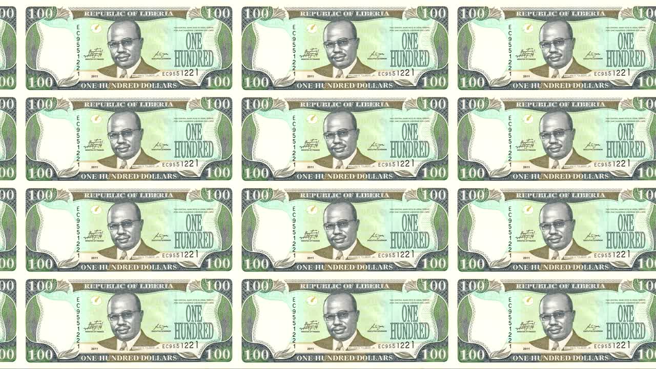billetes de cien dólares del banco de liberia rodando en la pantalla, monedas del mundo, dinero en efectivo, bucle
