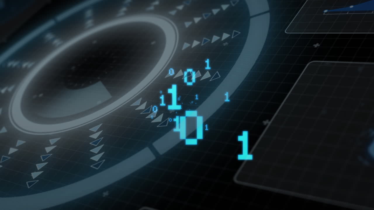animación del procesamiento de datos binarios a través de un escáner circular sobre un fondo negro