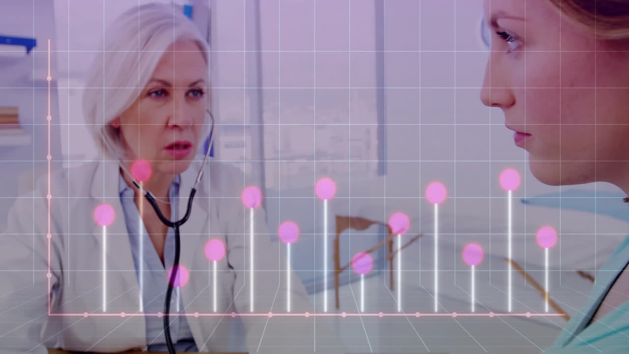 animación de un diagrama sobre una doctora caucásica usando un estetoscopio