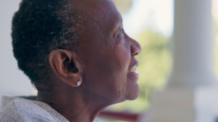 Smile, remember and senior woman for thinking