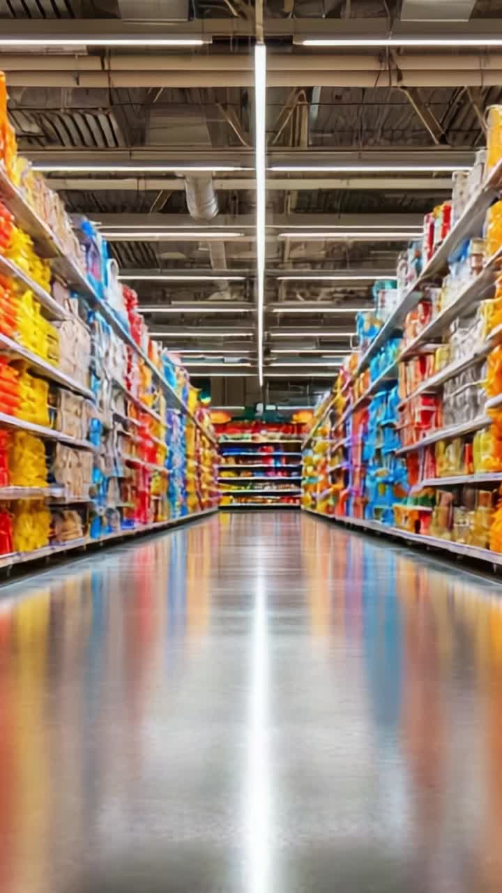 Colorful Grocery Aisle Featuring Vibrant Assortment of Products Across Multiple Shelves in a Well-Lit Supermarket Environment with Reflections on the Floor
