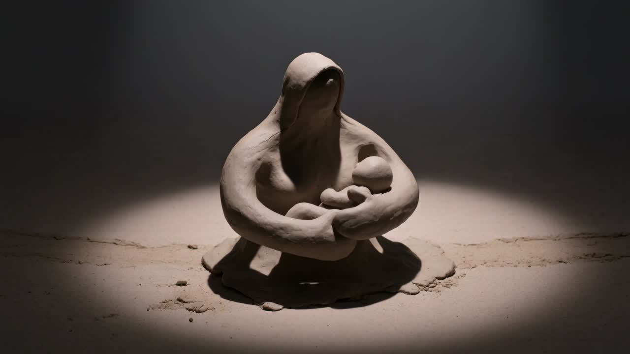 Shaping clay sculpture evolving from two spheres on studio sand under spotlight, cradling small orb