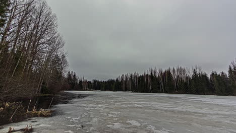 melting ice of frozen forest lake and moody grey sky, fusion time lapse