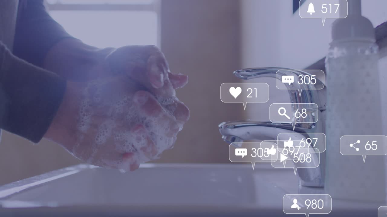 Woman pressing soap dispenser and rubbing as animated social media icons grow around for marketing