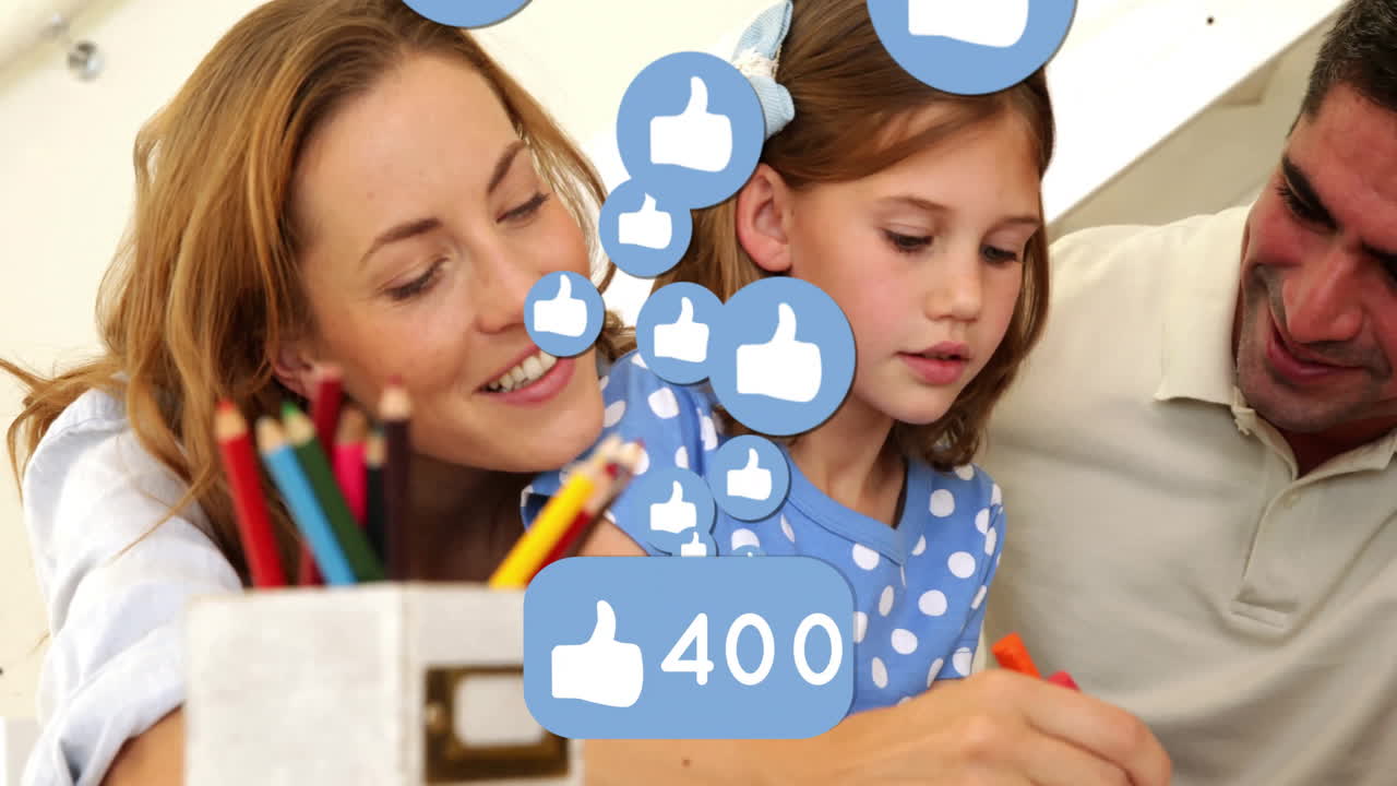 Drawing together, family enjoying quality time with children at home