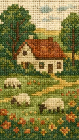 aerial view of a cross-stitch countryside scene with sheep and a cottage