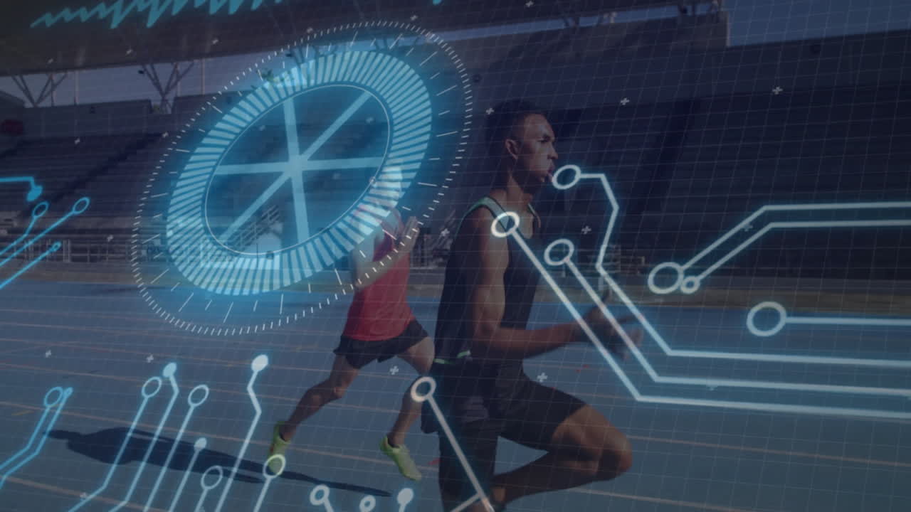 Two male athletes sprinting on track with blue HUD overlays showing sports performance data