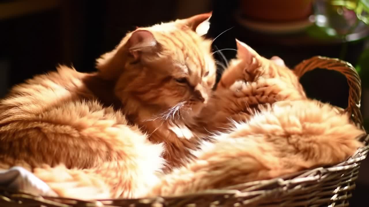 Compagni accoglienti: adorabili gatti arancioni rannicchiati insieme in un cesto, immersi nella luce calda, che mostrano il loro affetto e il loro relax in un ambiente tranquillo