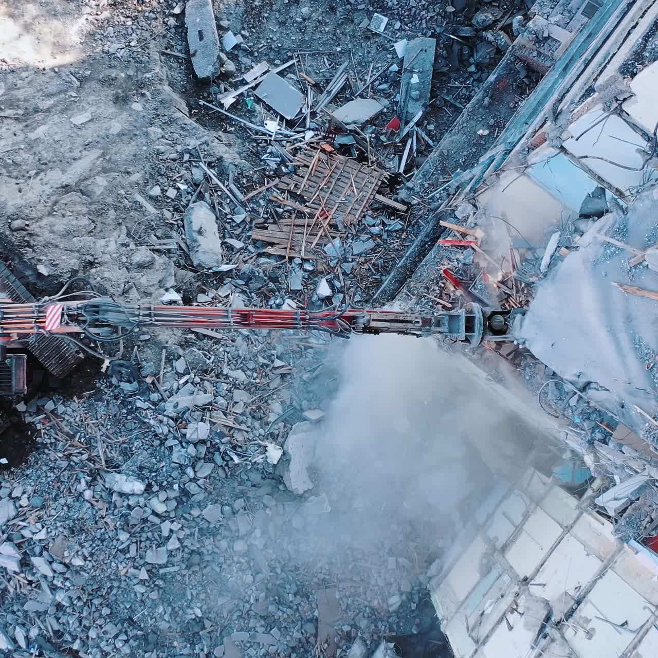 Natural disaster demolition building. Earthquake house destroyed aerial view
