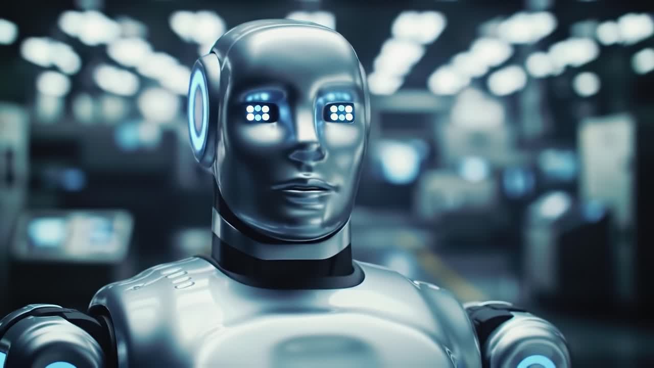 A humanoid robot with reflective surfaces and illuminated eyes stands in a high-tech setting. The design showcases futuristic technology, hinting at innovations in robotics and AI.