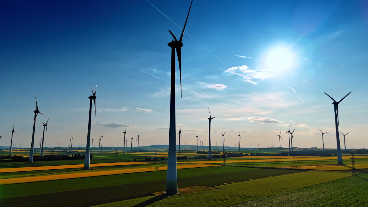 Wind mills rotate in the wind on sunny day. Beautiful fields in the countryside with wind farms