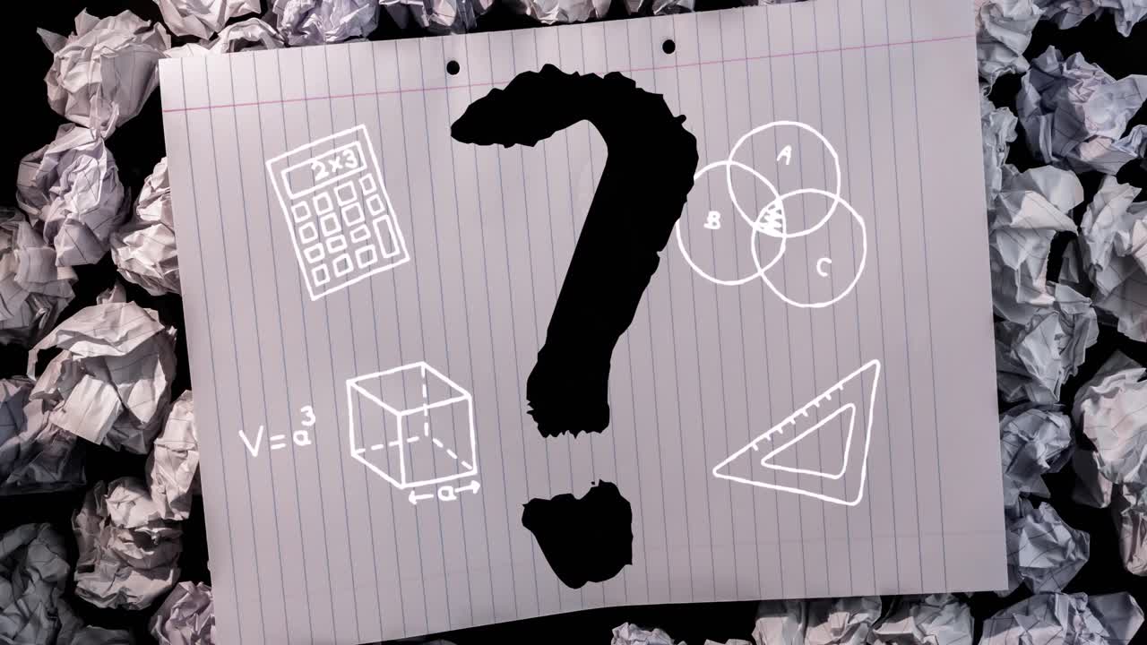 철자 종이에 있는 학교 아이콘 위에 있는 검은 물음표의 애니메이션