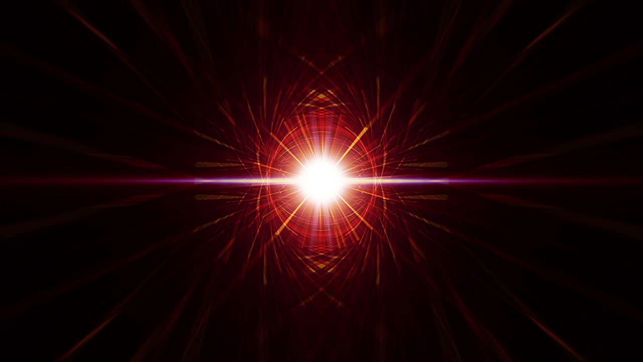 Bright red orange rays of light flare outwards. Pulsar star radiating light with abstract fantasy pulsating burst energy effect. 4K 3D rendering seamless loop optical flare light with magic light rays