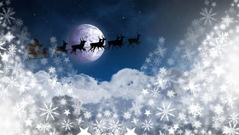 Santa-in-sleigh-with-reindeer-flying-with-snowflakes-and-moon