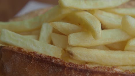 closeup of golden french fries in a bun