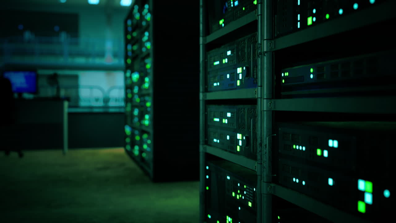 centro de datos con múltiples filas de racks de servidores plenamente operativos