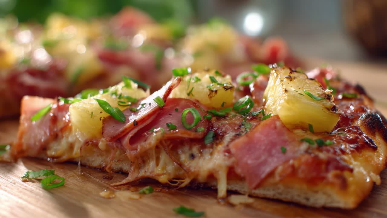 Close-Up Delicioso de Uma Fatia de Pizza Coberta com Abacaxi Suculento, Presunto Saboroso e Cebolinha Fresca Capturado em uma Apresentação de Comida Tentadora