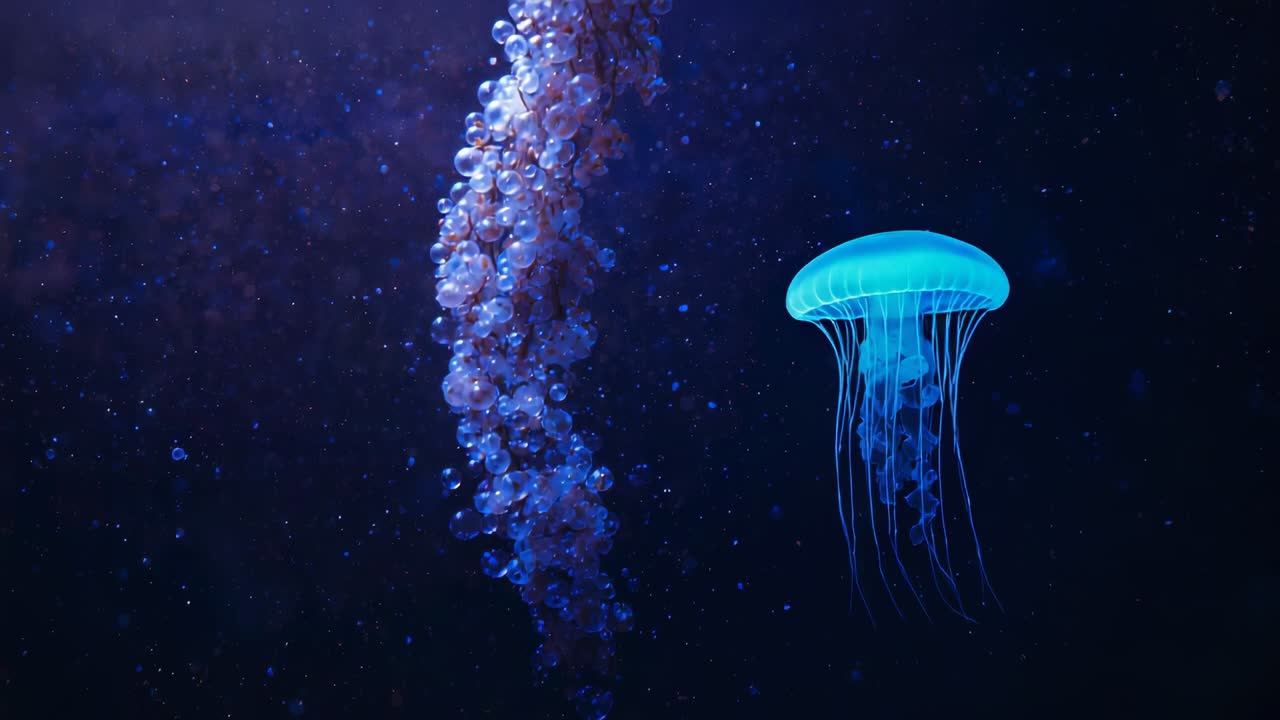 Rising pearl column drifting toward brightening rim light in tank, jellyfish pulsing beside