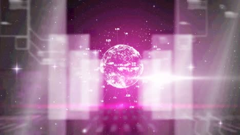 animation of globe with network of connections and data processing on pink background