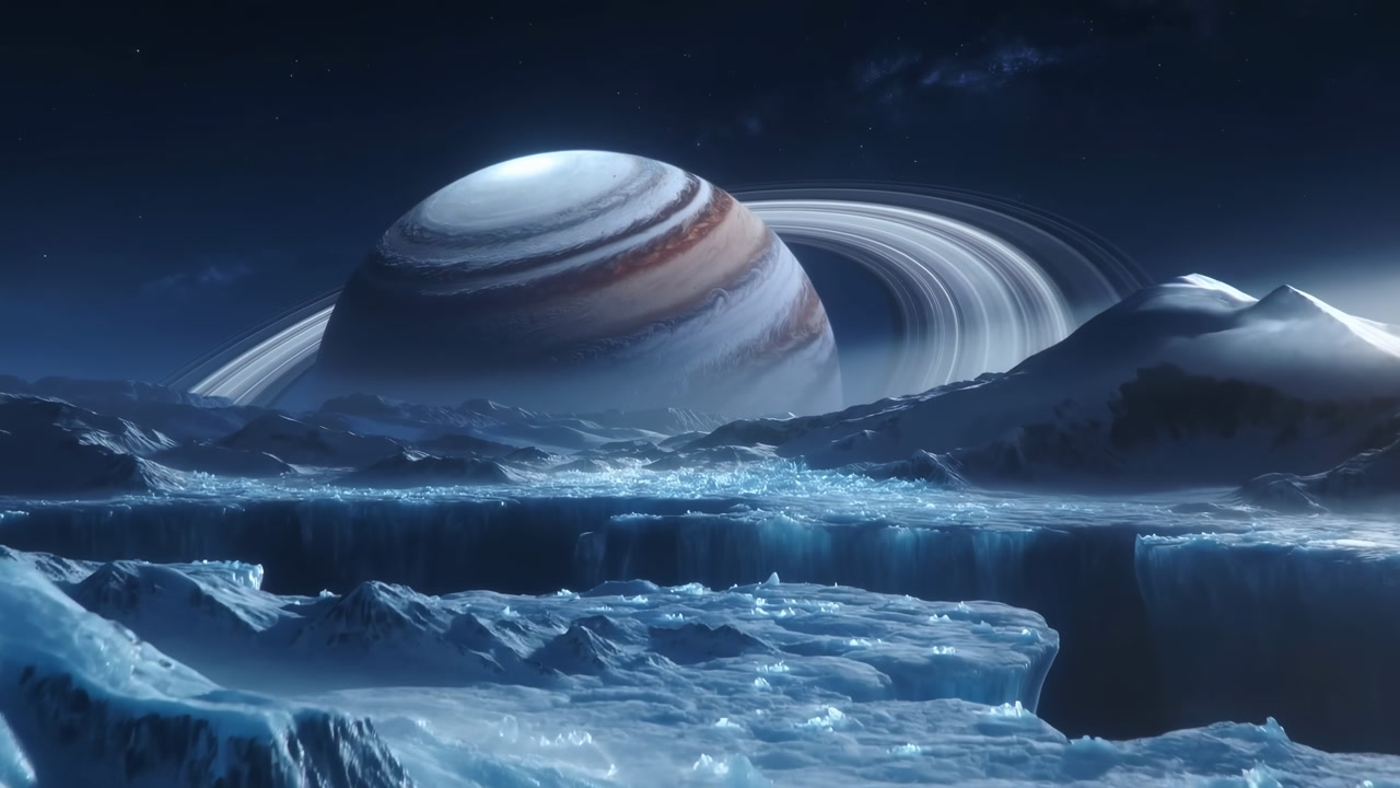 Ringed Planet Looming Over Icy Plain Vast Glacier Fields With Sharp Ridges And Cratered Valleys Under Cold