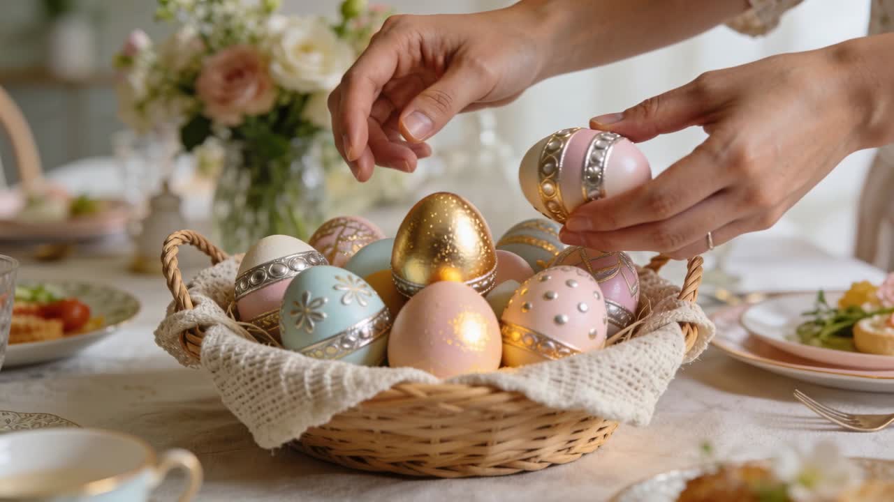 Reaching ringed hand arranging placing gold pink eggs in wicker basket on table, preparing meal