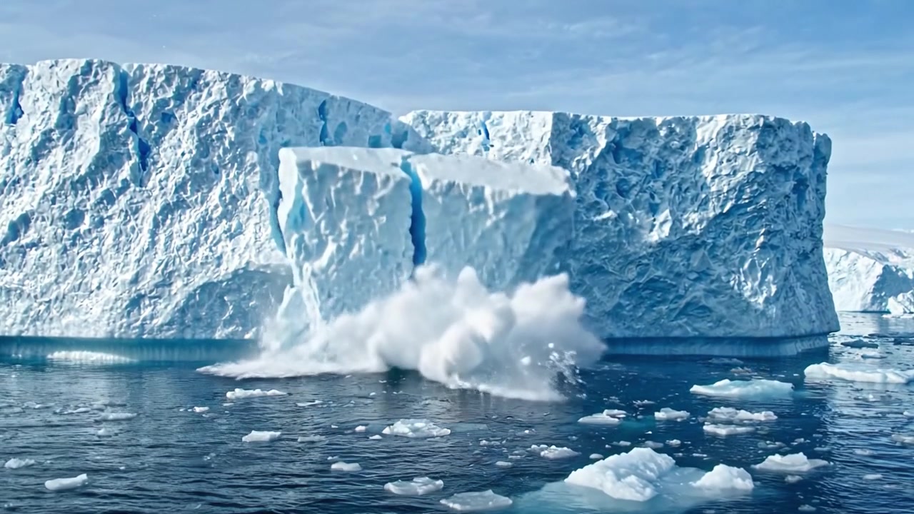 Eine atemberaubende Transformation in zwei Bildern: Das majestätische Kalben eines Eisbergs, das die rohe Kraft und Schönheit der Natur in einer polaren Landschaft zeigt.