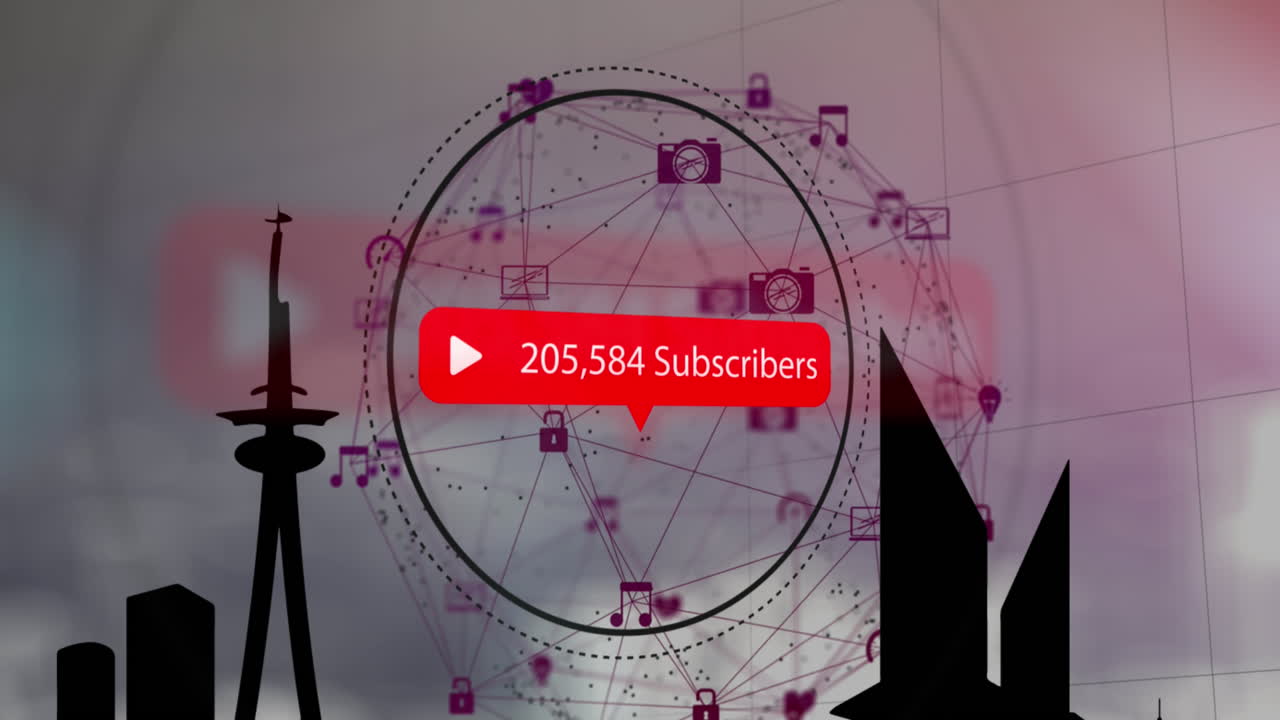 animación del texto de los suscriptores con números de conteo, iconos que forman un globo sobre un patrón abstracto