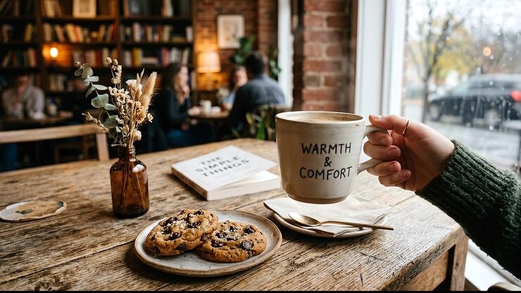Hot Fresh Cappuccino Mug served with Homemade Chocolate Chip Cookies in Library Cafe