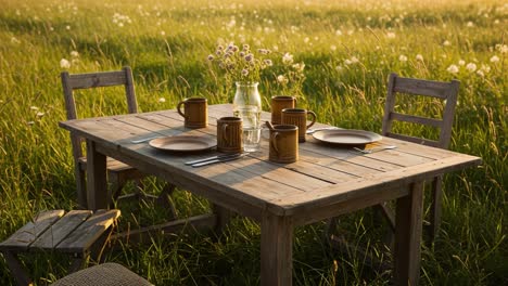 scenic outdoor dining table set amidst a lush meadow with beautiful wildflowers, perfect for leisurely gatherings and nature-inspired meals