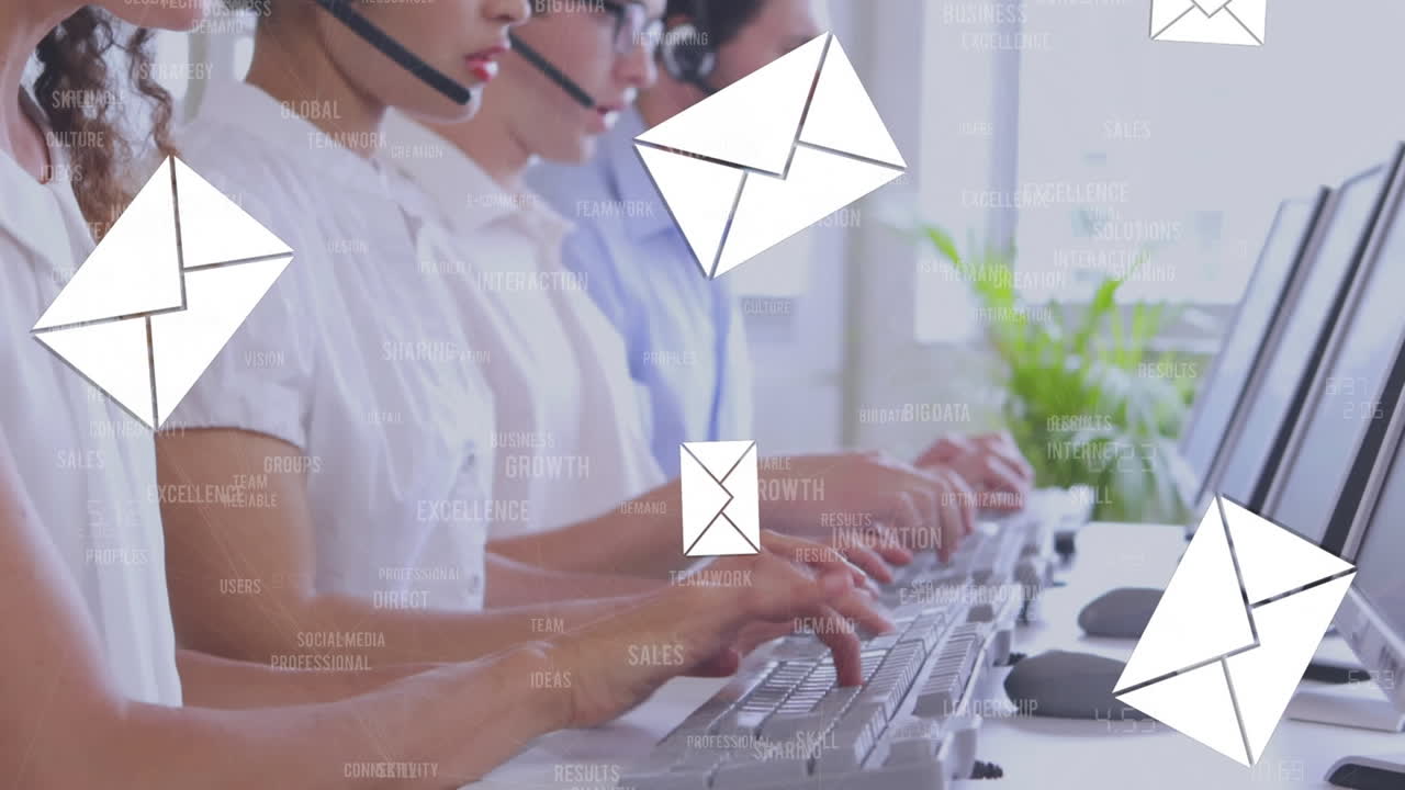 Animazione di icone di social media sopra persone con cuffie telefoniche