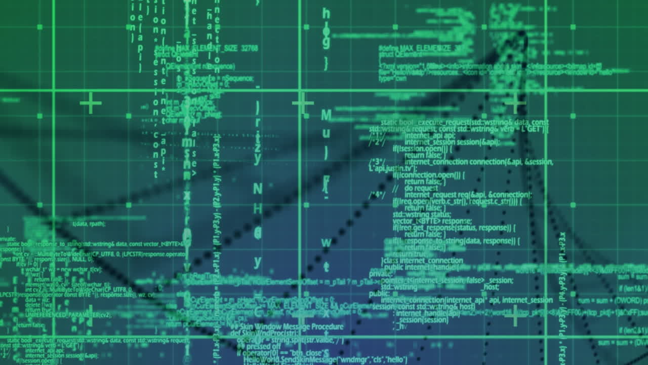 Animation of green grid with black particles forming dna helix and green data processing, on green