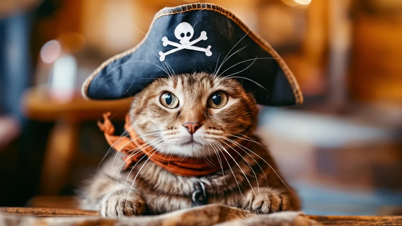 un gato con un sombrero de pirata y una bandana sobre una mesa