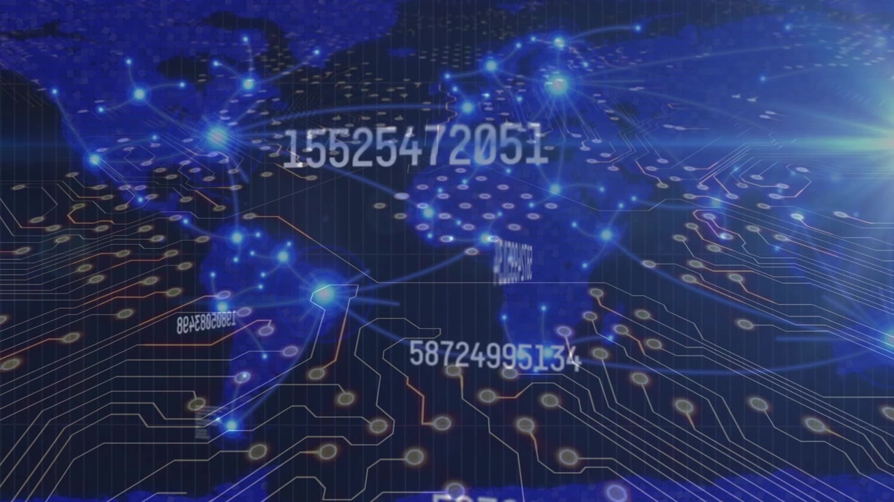 Animation of integrated circuit over world map, coordinates and light