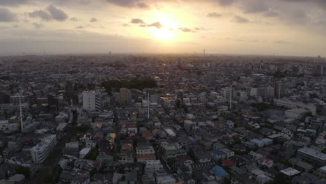 aerial shot of tokyo city during sunset, concrete jungle all over the horizon